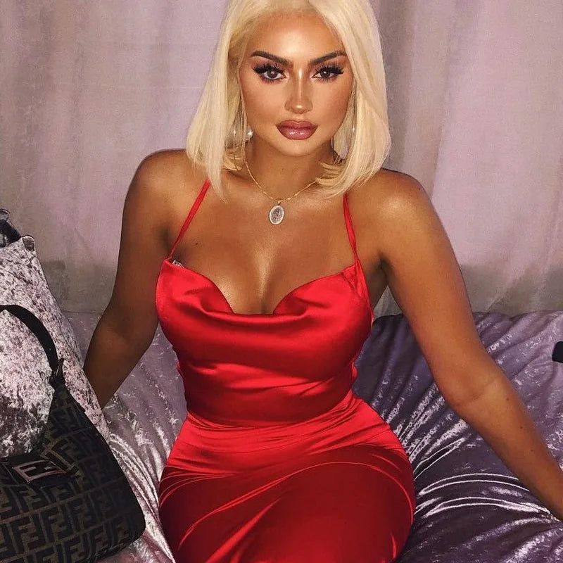 Neon Satin Lace up Women'S Long Midi Dress Light Pink Bodycon Backless Elegant Party Sexy Club Clothes 2022 Summer Dinner Outfit
